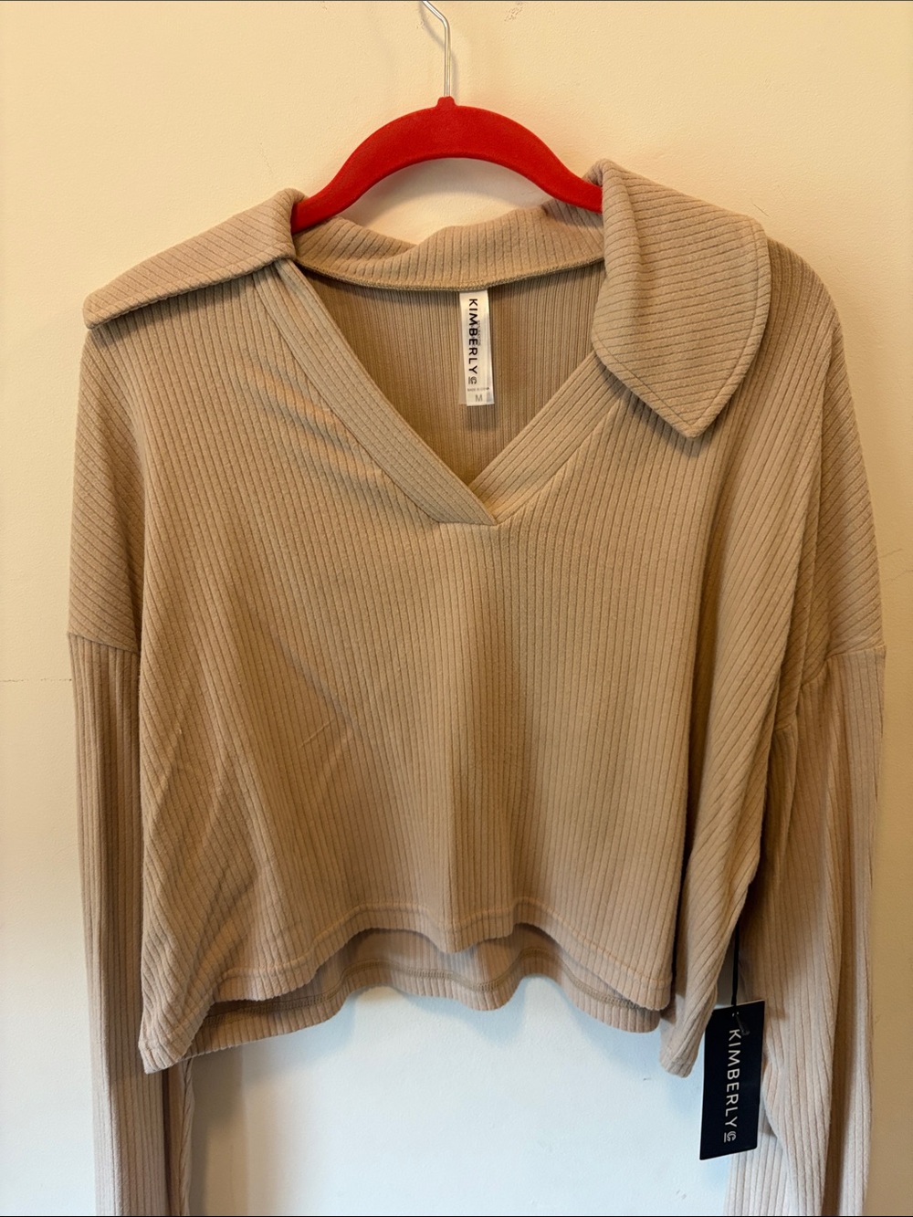 Kimberlye Beige Ribbed Collared V-Neck Cropped Sweatshirt